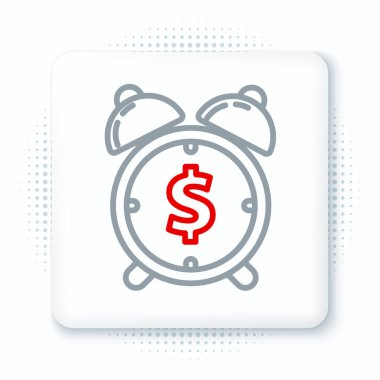 Beyaz zemin üzerinde dolar sembolü olan çizgi alarm saati. Vakit nakittir. Etkili zaman yönetimi. İş konsepti. Renkli taslak konsepti. Vektör.