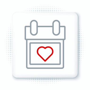 Beyaz arkaplanda kalp simgesine sahip çizgi takvimi izole edildi. Sevgililer Günü. Aşk sembolü. 14 Şubat. Renkli taslak konsepti. Vektör.