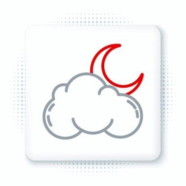 Beyaz arkaplanda ay simgesi olan çizgi bulutu. Bulutlu gece işareti. Uyku rüyalarının sembolü. Gece ya da yatak zamanı tabelası. Renkli taslak konsepti. Vektör.