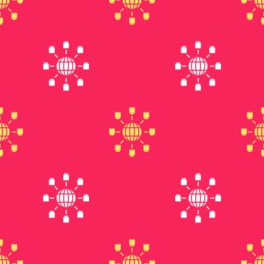 Sarı Küresel teknoloji ya da sosyal ağ simgesi kırmızı arkaplanda izole edilmiş kusursuz desen. Vektör İllüstrasyonu.