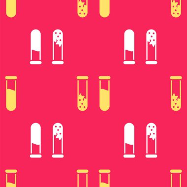 Sarı test tüpü ve matara - kimyasal test ikonu kırmızı arkaplanda izole edilmiş pürüzsüz desen. Laboratuvar cam levhası. Vektör İllüstrasyonu.