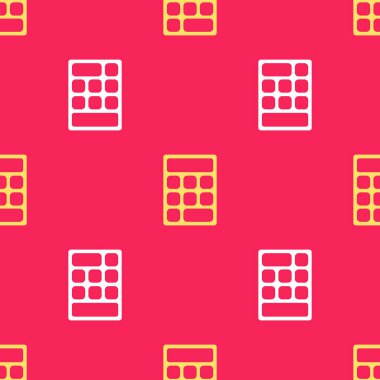 Sarı Hesap Makinesi simgesi kırmızı arkaplanda izole edilmiş pürüzsüz desen. Muhasebe sembolü. İş hesaplamaları matematik eğitimi ve finans. Vektör İllüstrasyonu.