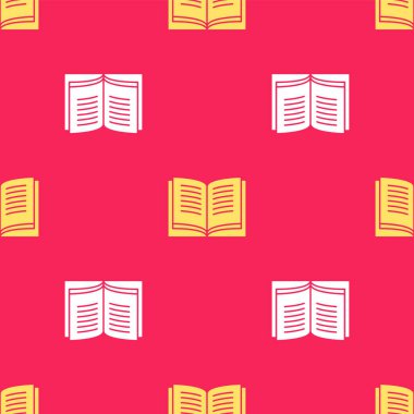 Sarı Açık kitap simgesi kırmızı arkaplanda izole edilmiş pürüzsüz desen. Vektör İllüstrasyonu.
