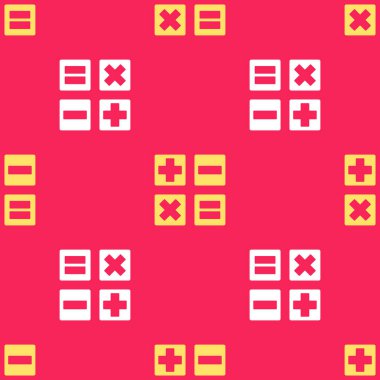 Sarı Hesap Makinesi simgesi kırmızı arkaplanda izole edilmiş pürüzsüz desen. Muhasebe sembolü. İş hesaplamaları matematik eğitimi ve finans. Vektör İllüstrasyonu.