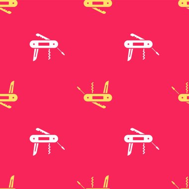 Sarı İsviçre ordu bıçak ikonu kırmızı arka planda izole edilmiş pürüzsüz desen. Çoklu alet, çok amaçlı çakı. Çok fonksiyonlu bir alet. Vektör İllüstrasyonu.