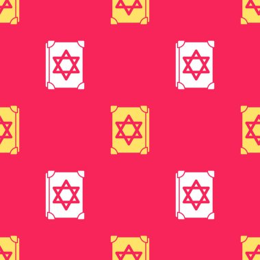 Simya tarifleri, mistik büyüler ve efsunlar içeren sarı Kadim büyü kitabı kırmızı arkaplanda izole edilmiş kusursuz desen. Vektör İllüstrasyonu.