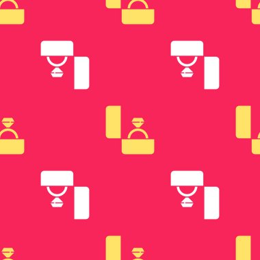 Sarı Elmas nişan yüzüğü ikonu kırmızı arka planda izole edilmiş pürüzsüz desen. Vektör İllüstrasyonu.