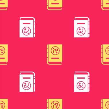 Astronomi ikonu tarafından izole edilmiş sarı kitap kırmızı arka planda kusursuz desen. Vektör İllüstrasyonu.