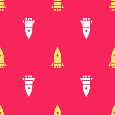 Sarı Roket gemisi simgesi kırmızı zeminde izole edilmiş. Uzay yolculuğu. Vektör İllüstrasyonu.