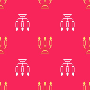 Kırmızı zemin üzerinde üç şamdan simgesi bulunan sarı şamdan desenli. Vektör İllüstrasyonu.