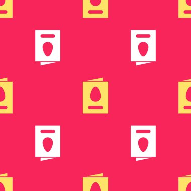 Mutlu Paskalya ikonu içeren sarı tebrik kartı kırmızı arka planda izole edilmiş kusursuz desen. Kutlama için davetiye ya da tebrik kartı şablonu. Vektör İllüstrasyonu.