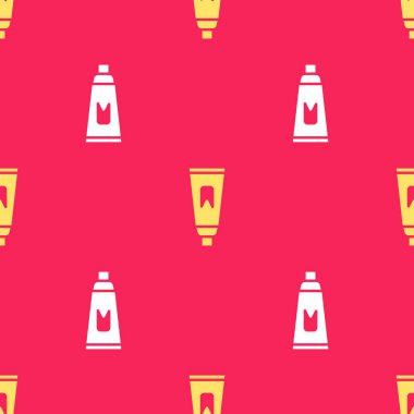 Sarı tüp diş macunu simgesi kırmızı arka planda izole edilmiş. Vektör İllüstrasyonu.