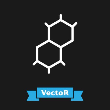 Beyaz Kimyasal Formül simgesi siyah arkaplanda izole edildi. Yenilikçi tıp, sağlık, araştırma ve bilim için soyut altıgen. Vektör.