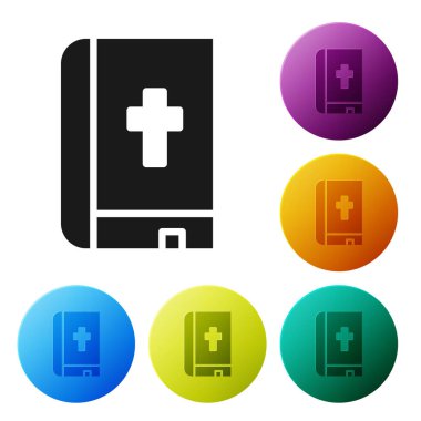 Siyah kutsal kitap ikonu beyaz arka planda izole edilmiş. Simgeleri renk daire düğmelerine ayarla. Vektör.