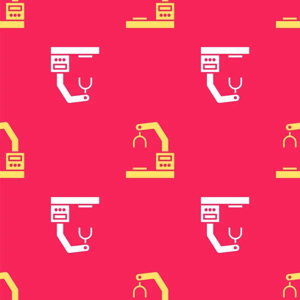 Yellow Industrial machine robotic robot arm hand factory icon isolated seamless pattern on red background. Industrial robot manipulator.  Vector Illustration.