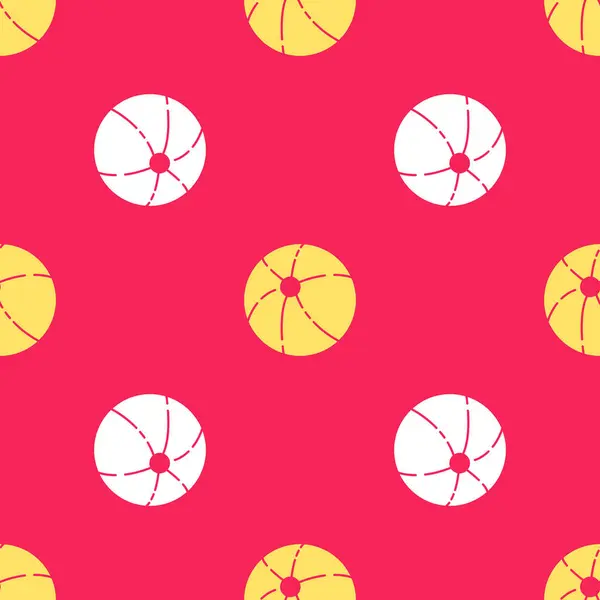 Yellow Beach Ball Symbol Isoliert Nahtlose Muster Auf Rotem Hintergrund — Stockvektor