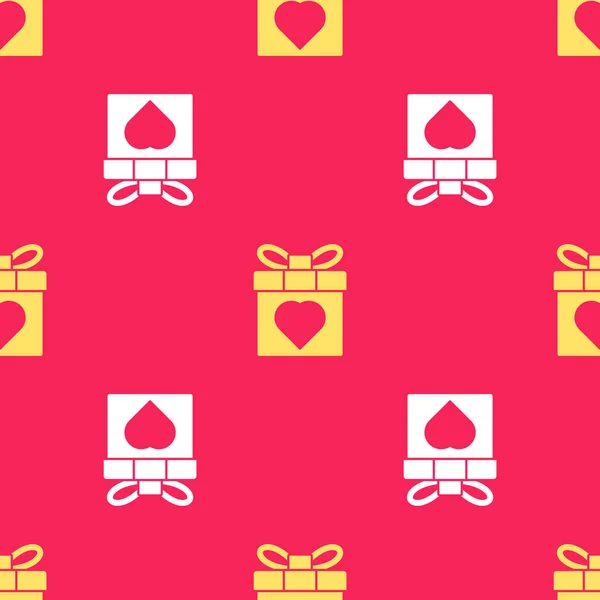 Caja Regalo Amarilla Icono Del Corazón Aislado Patrón Sin Costuras — Vector de stock