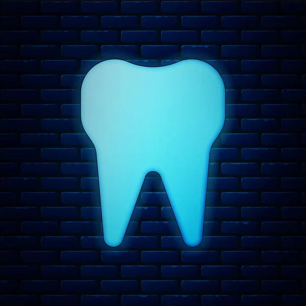 輝くネオン歯アイコンをレンガ壁の背景に分離します 歯歯科診療所や歯科医療センターと歯磨き粉のパッケージのシンボル ベクトル図 — ストックベクタ