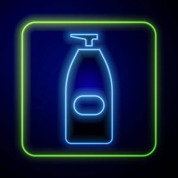 Zářící Neonová Lahvička Tekutého Antibakteriálního Mýdla Ikonou Dávkovače Izolovanou Modrém — Stockový vektor