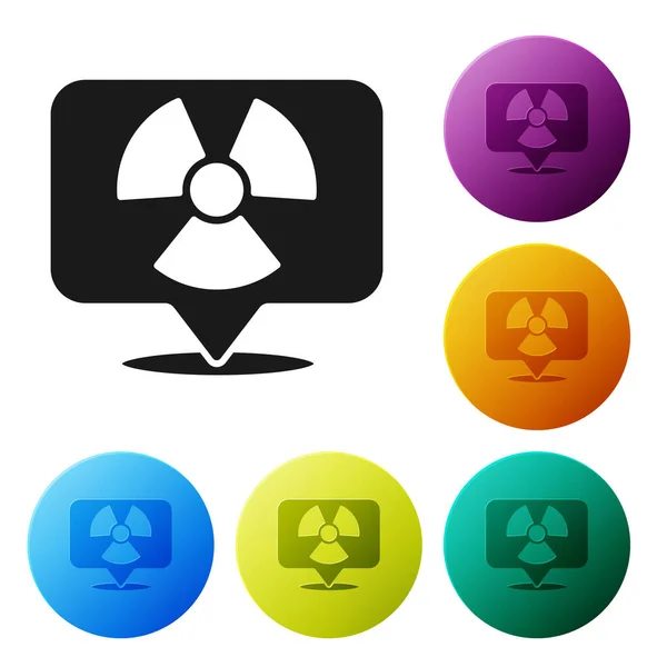 在白色背景上孤立的黑色放射性位置图标 放射性有毒符号 辐射危险信号 在彩色圆形按钮中设置图标 — 图库矢量图片