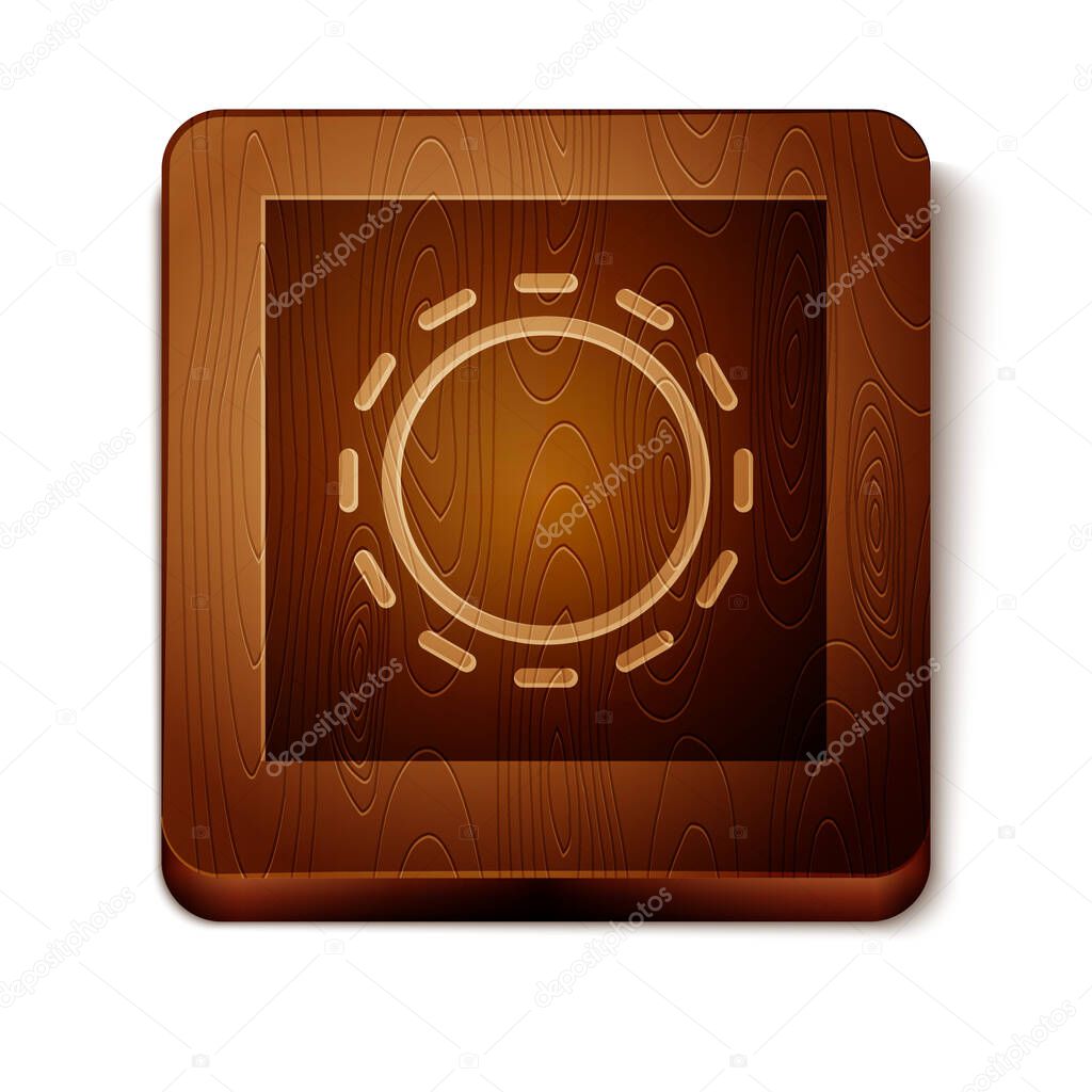 Brown Condom in package safe sex icon isolated on white background. Safe love symbol. Contraceptive method for male. Wooden square button. Vector Illustration.