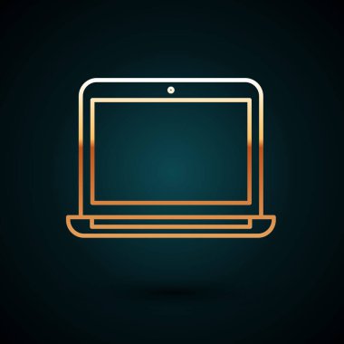Altın çizgili dizüstü bilgisayar simgesi koyu mavi arkaplanda izole edildi. Boş ekran işaretli bilgisayar defteri. Vektör İllüstrasyonu.