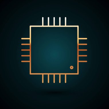 Üzerinde mikrodevreler bulunan altın çizgili Bilgisayar işlemcisi koyu mavi arkaplanda izole edilmiş Cpu simgesi. Devre kartı işaretli çip ya da işlemci. Mikro işlemci. Vektör İllüstrasyonu.
