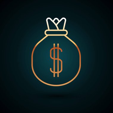Altın çizgili para çantası simgesi koyu mavi arkaplanda izole edilmiş. Dolar ya da Usd sembolü. Nakit bankacılık tabelası. Vektör İllüstrasyonu.