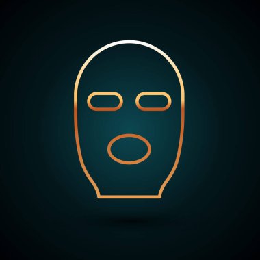 Altın çizgili Hırsız maskesi simgesi koyu mavi arka planda izole edildi. Haydut maskesi, suçlu adam. Vektör İllüstrasyonu.