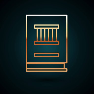 Altın çizgili hukuk kitabı ikonu koyu mavi arkaplanda izole edilmiş. Yasal yargıç kitabı. Yargılama kavramı. Vektör İllüstrasyonu.