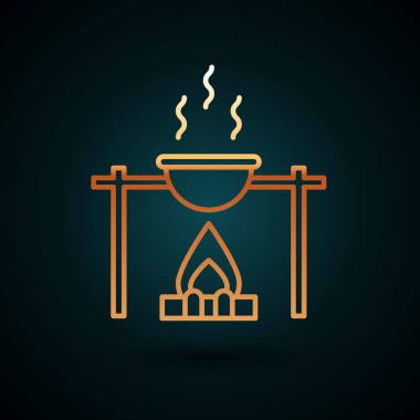 Altın çizgili Kamp Ateşi ve çömlek ikonu koyu mavi arka planda izole edilmiş. Ateş kampı, yakacak odun ve alevlerin üzerinde kazanda pişiyor. Vektör İllüstrasyonu.