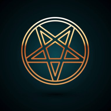 Koyu mavi arka planda izole edilmiş bir daire simgesinde altın çizgili Pentagram. Sihirli okült yıldız sembolü. Vektör İllüstrasyonu.