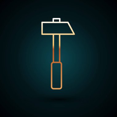 Altın çizgili çekiç simgesi koyu mavi arkaplanda izole edilmiş. Tamir için bir araç. Vektör İllüstrasyonu.