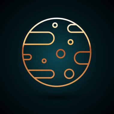 Altın çizgili uydu çanak ikonu koyu mavi arkaplanda izole edildi. Radyo anten, astronomi ve uzay araştırması. Vektör İllüstrasyonu.