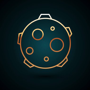 Altın çizgili UFO koyu mavi arka planda izole edilmiş inek simgesini kaçırır. Uçan daire. Uzaylı uzay gemisi. Gelecekteki bilinmeyen uçan nesne. Vektör İllüstrasyonu.