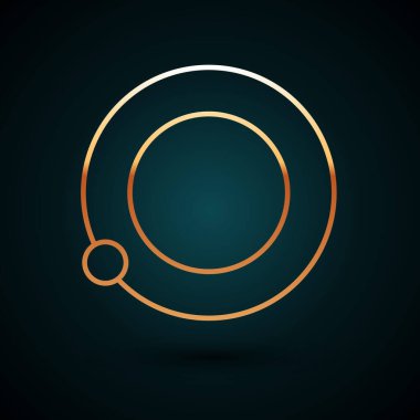 Dünya 'nın yörüngesinde dönen altın çizgili yapay uydular koyu mavi arkaplanda izole edilmiş uzay ikonu. İletişim, navigasyon konsepti. Vektör İllüstrasyonu.