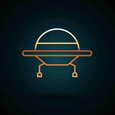 Altın çizgi Ufo uçan uzay gemisi simgesi koyu mavi arka planda izole edildi. Uçan daire. Uzaylı uzay gemisi. Gelecekteki bilinmeyen uçan nesne. Vektör İllüstrasyonu.