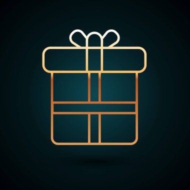 Altın çizgili hediye kutusu simgesi koyu mavi arkaplanda izole edilmiş. Vektör İllüstrasyonu.