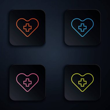 Siyah arkaplanda izole edilmiş haç simgesi olan neon renkli kalp çizgisi. İlk yardım. Sağlık, tıbbi ve eczane işaretleri. Kare düğmelere simgeleri yerleştir. Vektör İllüstrasyonu.