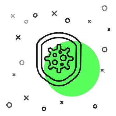 Beyaz arka planda siyah çizgi kalkanı virüslerden, mikroplardan ve bakteri ikonlarından korunuyor. Bağışıklık sistemi konsepti. Corona virüsü 2019-nCoV. Vektör.