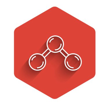 Beyaz çizgi Molekül simgesi uzun gölgeli izole edilmiş. Kimya moleküllerinin yapısı, fen öğretmenlerinin yenilikçi eğitim posteri. Kırmızı altıgen düğmesi. Vektör.