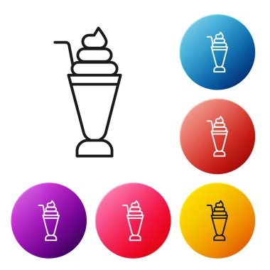 Beyaz arkaplanda siyah çizgi milkshake simgesi izole edildi. Kapaklı ve samanlı plastik bardak. Renkli daire düğmelerini ayarlayın. Vektör.