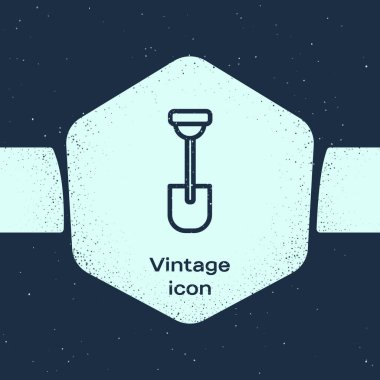 Grunge Line Kürek ikonu mavi arka planda izole edildi. Bahçe aletleri. Bahçecilik, tarım, çiftçilik aleti. Tek renkli klasik çizim. Vektör.