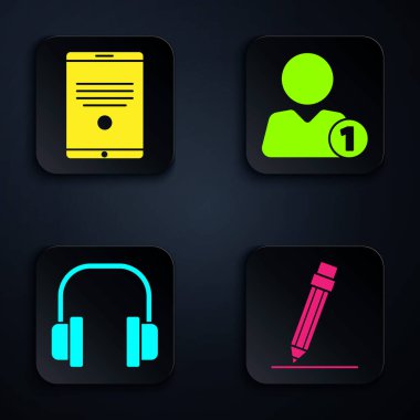 Kalemi silgi, tablet, kulaklık ve arkadaşa ekle. Siyah kare düğme. Vektör.