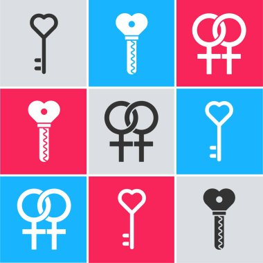 Anahtarı kalp şeklinde, anahtarı kalp şeklinde ve kadın cinsiyet sembolü simgesinde ayarla. Vektör.