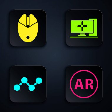 Ar, arttırılmış gerçeklik, bilgisayar fare oyunu, Paylaş ve Bilgisayar monitörü. Siyah kare düğme. Vektör.