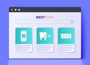 Kalsiyumu diş bakımı, çevrimiçi diş bakımı ve takma diş ikonu için ayarla. Vektör.
