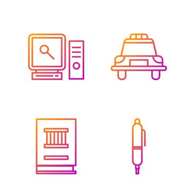 Kalem, hukuk kitabı, bilgisayar ekranında arama, polis arabası ve teşhirci ayarlayın. Renk simgeleri. Vektör.