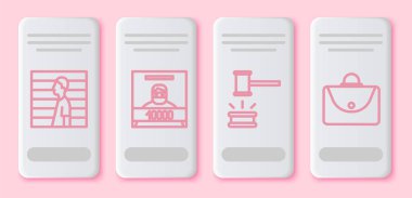 Şüpheli suçlu, aranıyor afişi, yargıç tokmağı ve evrak çantası. Beyaz dikdörtgen düğme. Vektör.