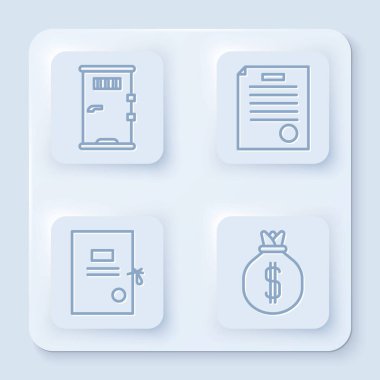 Hücre kapısını, tutuklama emrini, dava kâğıdını ve para çantasını ayarla. Beyaz kare düğme. Vektör.